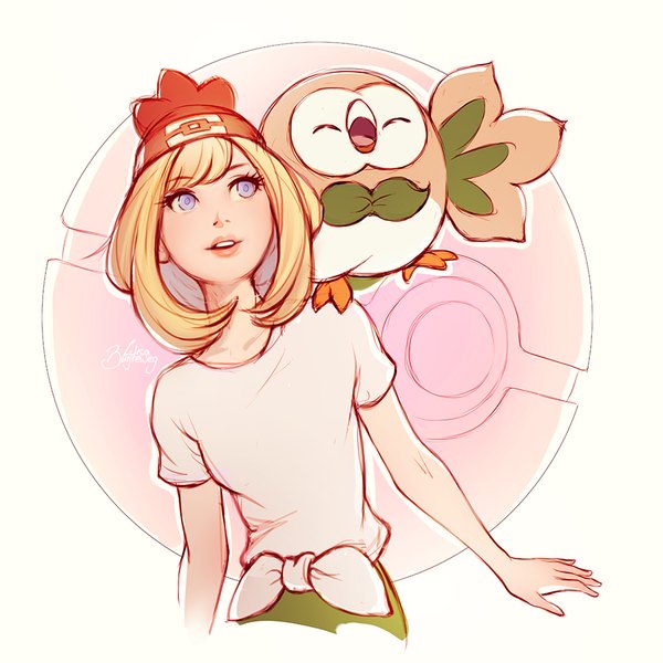 Anime picture 900x900 with pokemon pokemon sm nintendo selene (pokemon) rowlet zolaida (artist) single fringe short hair open mouth blonde hair white background purple eyes signed looking away upper body parted lips :d lipstick pink lipstick