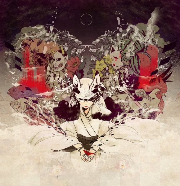 Anime picture 1033x1068 with original hiko (artist) single tall image open mouth holding animal ears traditional clothes japanese clothes horn (horns) lipstick skeleton girl flower (flowers) animal food bracelet kimono bird (birds) pendant