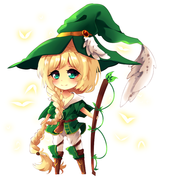 Anime picture 757x800 with magi the labyrinth of magic a-1 pictures yunan maruuki single tall image looking at viewer blush blonde hair smile white background green eyes braid (braids) very long hair single braid symbol-shaped pupils chibi boy hat leaf (leaves)