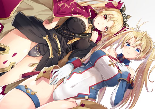 Anime picture 1770x1254 with fate (series) fate/grand order ereshkigal (fate) bradamante (fate/grand order) igayan long hair looking at viewer blush fringe highres breasts blue eyes light erotic simple background blonde hair smile hair between eyes red eyes large breasts standing