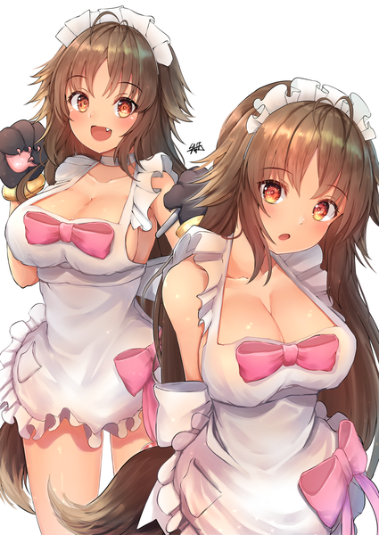 Anime picture 1133x1600 with princess connect! re:dive princess connect! kaori (princess connect!) hiromaster sinta jh long hair tall image looking at viewer blush breasts open mouth light erotic simple background smile red eyes brown hair large breasts standing white background signed cleavage