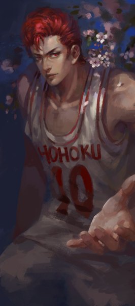 Anime picture 2480x5589 with slam dunk (series) sakuragi hanamichi hkun konnan single tall image looking at viewer highres short hair red eyes red hair cherry blossoms outstretched arm boy uniform plant (plants) petals tree (trees) gym uniform basketball uniform