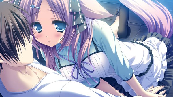 Anime picture 1280x720 with sekai to sekai no mannaka de akane haruka moekibara fumitake blush short hair blue eyes black hair wide image animal ears pink hair game cg tail animal tail couple girl dress boy bow hair bow