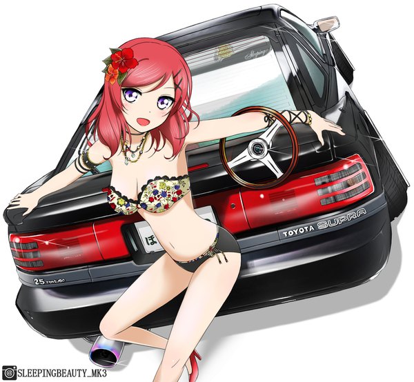 Anime picture 1450x1340 with love live! school idol project sunrise (studio) love live! toyota nishikino maki sweeter (h110111) single blush short hair breasts open mouth light erotic simple background standing white background purple eyes signed full body bent knee (knees) red hair