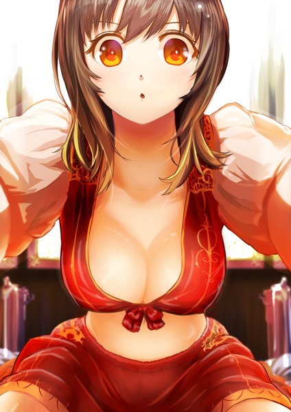 Anime picture 1074x1518 with original iltusa single tall image looking at viewer short hair breasts light erotic black hair red eyes cleavage midriff girl