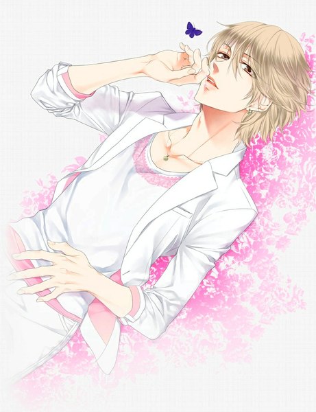 Anime picture 823x1071 with dousei kareshi blackbutterfly chisa kousaki kirishima sou single tall image looking at viewer short hair simple background brown eyes parted lips reclining twisty sleeves hand on cheek boy pendant insect butterfly t-shirt blazer
