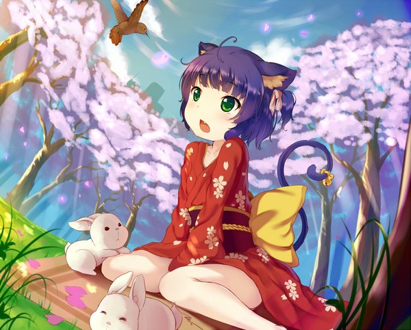 Anime picture 1024x825 with utau ryone yami nevi nakuta single blush short hair open mouth green eyes sky purple hair tail traditional clothes japanese clothes animal tail cat girl cat tail cherry blossoms landscape girl flower (flowers)