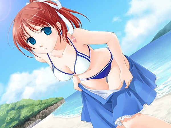 Anime picture 1024x768 with amanatsu tagme (character) blue eyes game cg red hair beach girl swimsuit bikini