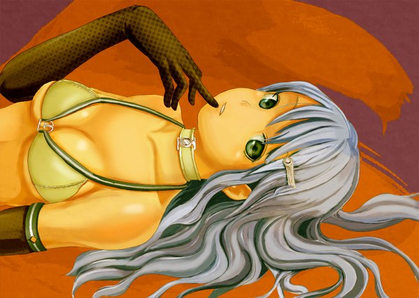 Anime picture 1405x1000 with nostra single long hair breasts light erotic bare shoulders green eyes silver hair on back finger to mouth girl gloves hair ornament elbow gloves hairclip