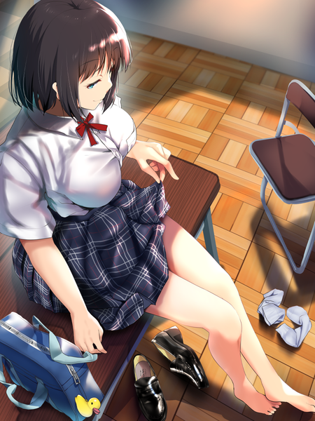 Anime picture 900x1200 with original nonohachi single tall image fringe short hair breasts blue eyes light erotic smile brown hair large breasts sitting holding full body indoors pleated skirt barefoot from above sunlight