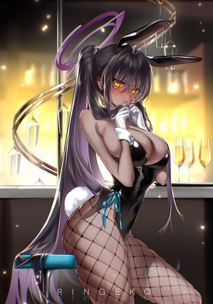 Anime picture 2130x3038 with blue archive karin (blue archive) karin (bunny) (blue archive) ringeko-chan single tall image looking at viewer blush fringe highres breasts light erotic black hair hair between eyes large breasts standing signed animal ears yellow eyes payot