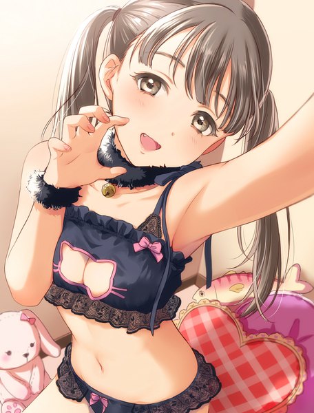 Anime picture 1152x1514 with original tsukana (saba mizore) single long hair tall image looking at viewer blush fringe breasts open mouth light erotic brown hair standing twintails brown eyes cleavage indoors head tilt :d armpit (armpits)