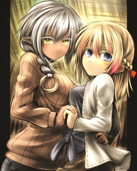 Anime picture 2274x2831 with original chankodining waka tall image blush highres short hair blonde hair purple eyes multiple girls yellow eyes pointy ears grey hair sweat holding hands sweatdrop girl 2 girls