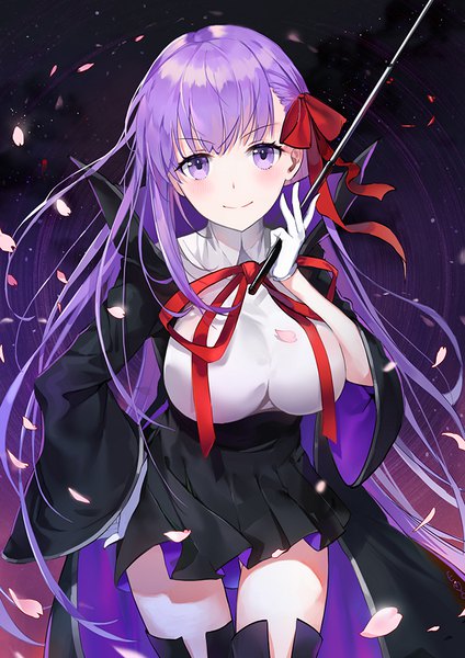 Anime picture 700x990 with fate (series) fate/extra fate/extra ccc bb (fate) (all) bb (fate/extra) emyo single long hair tall image looking at viewer fringe breasts simple background smile large breasts standing purple eyes holding purple hair pleated skirt