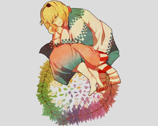 Anime picture 1024x819 with ao no exorcist a-1 pictures moriyama shiemi single short hair blonde hair simple background white background green eyes traditional clothes barefoot crying girl
