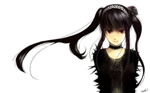 Anime picture 1000x621 with original nobusnow (artist) single long hair looking at viewer black hair simple background red eyes wide image white background twintails girl dress