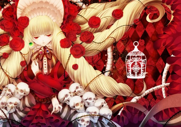 Anime picture 1200x843 with original rinko (mg54) single looking at viewer blonde hair red eyes very long hair drill hair girl dress flower (flowers) frills rose (roses) bonnet skull thorns