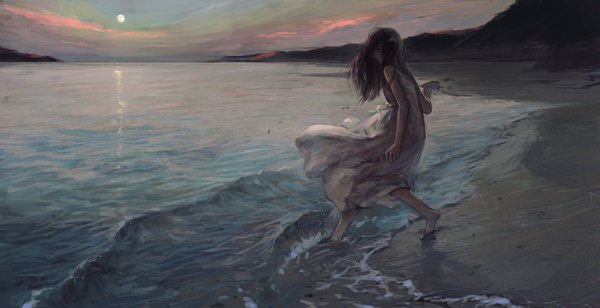 Anime picture 3399x1750 with original tentsuu (tentwo) single long hair highres black hair wide image looking away sky outdoors barefoot wind beach partially submerged twilight girl dress water sea sundress