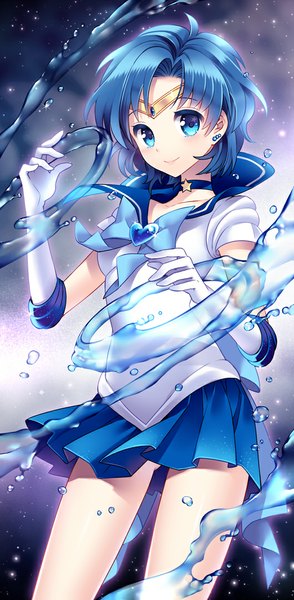 Anime picture 530x1080 with bishoujo senshi sailor moon toei animation mizuno ami sailor mercury nardack single tall image looking at viewer short hair blue eyes smile blue hair girl gloves earrings water heart sailor suit brooch