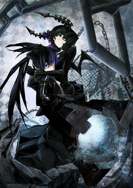 Anime picture 1240x1754 with black rock shooter black rock shooter (character) dead master long hair tall image blush blue eyes black hair twintails multiple girls green eyes horn (horns) drill hair girl weapon 2 girls wings gun chain