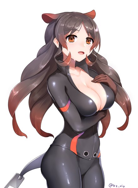 Anime picture 731x1000 with kemono friends hippopotamus (kemono friends) kz ripo single long hair tall image breasts open mouth light erotic simple background brown hair large breasts white background signed animal ears looking away cleavage :d orange eyes twitter username