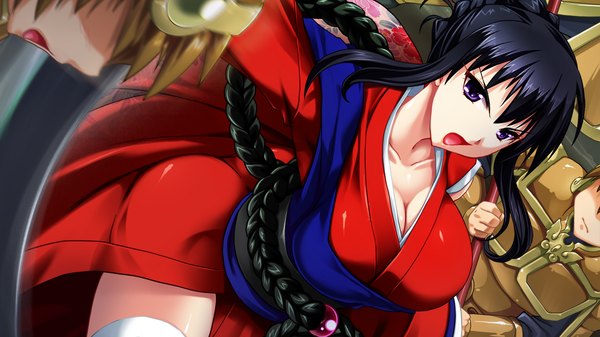 Anime picture 1280x720 with sangoku hime unicorn-a long hair open mouth light erotic black hair wide image purple eyes game cg traditional clothes japanese clothes girl kimono obi
