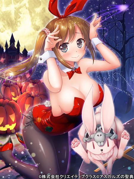 Anime picture 600x800 with asgard no seiten pochadon single long hair tall image looking at viewer blush breasts light erotic smile brown hair large breasts twintails brown eyes halloween girl bow hair bow animal moon