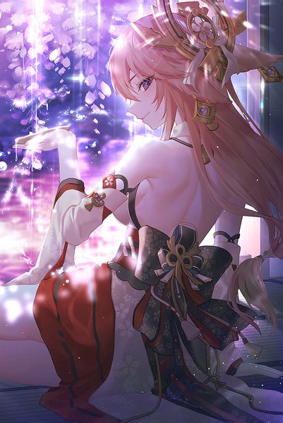 Anime picture 902x1350 with genshin impact yae miko no.aei single long hair tall image looking at viewer breasts smile sitting purple eyes animal ears pink hair traditional clothes japanese clothes profile looking back from behind wide sleeves arm support