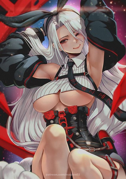 Anime picture 800x1131 with azur lane prinz heinrich (azur lane) magion02 single long hair tall image blush fringe breasts light erotic smile large breasts sitting brown eyes signed looking away silver hair bent knee (knees) head tilt one eye closed