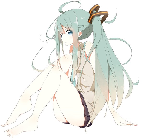 Anime picture 1840x1800 with vocaloid hatsune miku nakuri single long hair highres sitting bare shoulders barefoot aqua eyes aqua hair girl skirt ribbon (ribbons) hair ribbon necktie