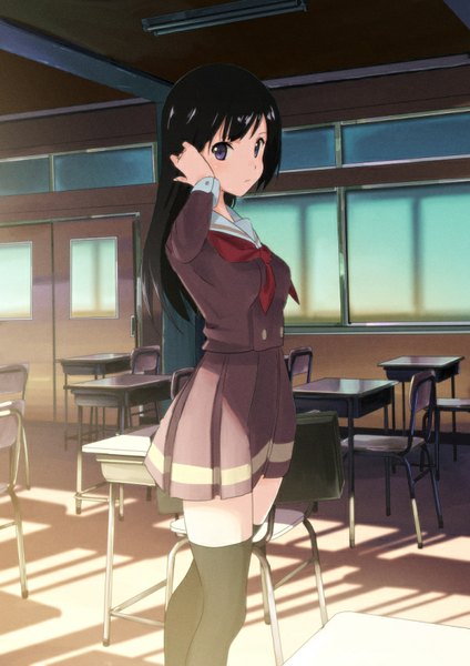 Anime picture 600x848 with hibike! euphonium kyoto animation kousaka reina domo1220 single long hair tall image looking at viewer blush fringe black hair purple eyes holding indoors pleated skirt sunlight shadow adjusting hair classroom girl