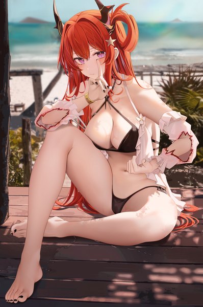 Anime picture 4840x7301 with arknights surtr (arknights) surtr (colorful wonderland) (arknights) ru zhai single long hair tall image looking at viewer blush fringe highres breasts light erotic hair between eyes large breasts sitting purple eyes absurdres sky bent knee (knees)