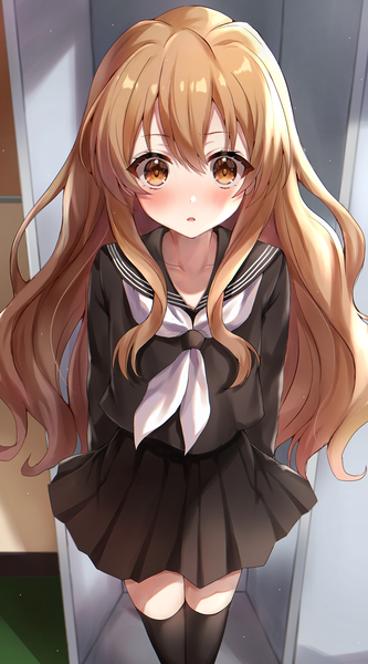 Anime picture 2276x4096 with toradora j.c. staff aisaka taiga parum39 single long hair tall image looking at viewer blush fringe highres open mouth hair between eyes brown hair standing brown eyes payot indoors pleated skirt zettai ryouiki