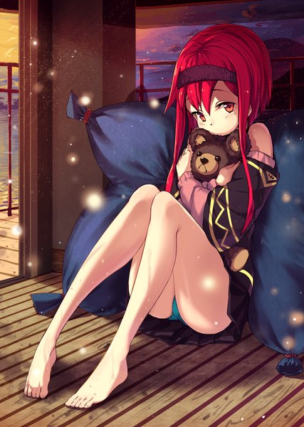 Anime picture 1710x2400 with original kamome yuu single tall image blush fringe highres short hair light erotic red eyes sitting sky cloud (clouds) bent knee (knees) red hair indoors barefoot bare legs pantyshot legs