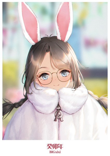 Anime picture 2480x3508 with original bigxixi single long hair tall image looking at viewer blush fringe highres blue eyes black hair signed animal ears upper body braid (braids) blurry bunny ears depth of field fur trim twin braids