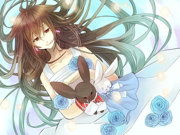 Anime picture 1100x825 with pandora hearts xebec lacie baskerville long hair smile red eyes brown hair bare shoulders girl dress flower (flowers) earrings toy stuffed animal bunny
