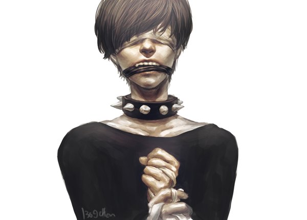 Anime picture 4000x2874 with original chen (artist) single highres short hair simple background brown hair white background signed absurdres bondage blindfold boy collar