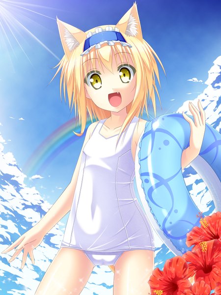 Anime picture 1200x1600 with touhou alice margatroid anni minto (artist) single tall image looking at viewer short hair open mouth blonde hair animal ears yellow eyes cat ears cat tail loli girl flower (flowers) white school swimsuit