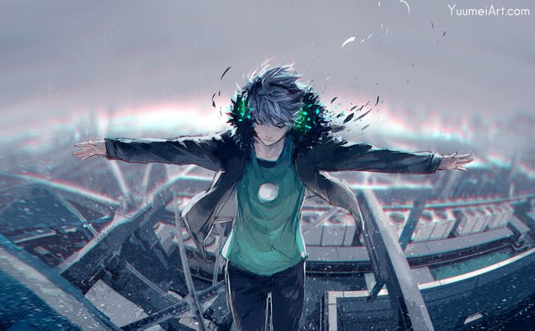 Anime picture 1750x1085 with fisheye placebo frey (fisheye placebo) yuumei single fringe highres short hair hair between eyes wide image signed sky outdoors eyes closed from above wind grey hair open jacket city watermark spread arms