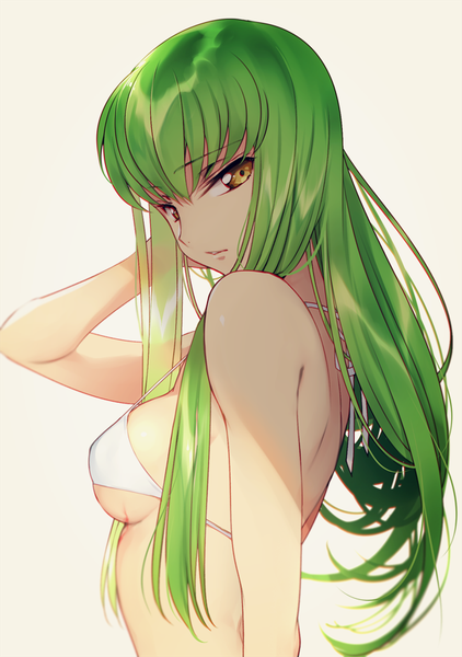 Anime picture 650x923 with code geass sunrise (studio) c.c. creayus single long hair tall image looking at viewer fringe breasts light erotic simple background brown eyes upper body parted lips arm up green hair sideboob underboob halterneck