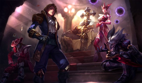 Anime picture 1215x717 with league of legends syndra ezreal (league of legends) twisted fate (league of legends) shaco (league of legends) mordekaiser (league of legends) tagme (artist) looking at viewer short hair breasts blue eyes black hair brown hair wide image sitting purple eyes green eyes white hair multicolored hair two-tone hair