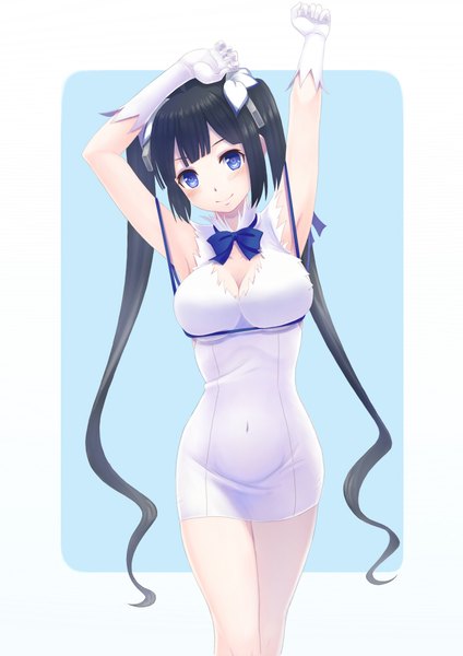 Anime picture 706x1000 with dungeon ni deai wo motomeru no wa machigatteiru darou ka j.c. staff hestia (danmachi) koko (koko3) single long hair tall image looking at viewer blush breasts blue eyes light erotic black hair smile twintails rei no himo girl dress gloves hair ornament