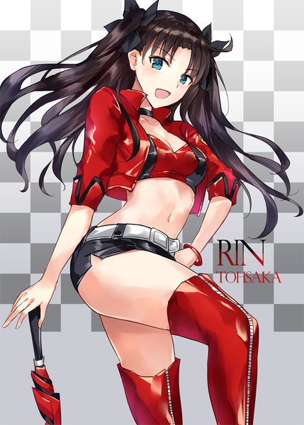 Anime picture 666x932 with fate (series) fate/stay night toosaka rin asle single long hair tall image looking at viewer blush fringe breasts open mouth blue eyes light erotic simple background smile brown hair standing holding cleavage