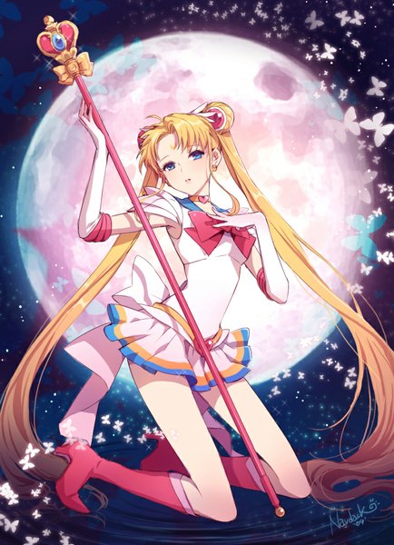 Anime picture 764x1056 with bishoujo senshi sailor moon toei animation tsukino usagi sailor moon nardack single tall image looking at viewer blue eyes blonde hair twintails very long hair girl gloves hair ornament elbow gloves boots insect butterfly moon