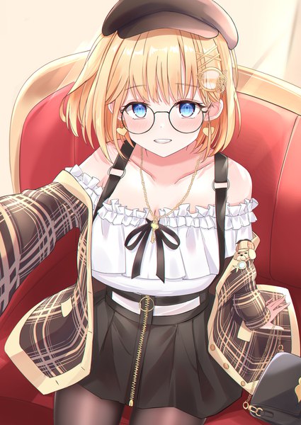 Anime picture 2148x3035 with virtual youtuber hololive hololive english watson amelia bubba (watson amelia) heckler kai single tall image looking at viewer blush fringe highres short hair breasts blue eyes blonde hair smile sitting indoors blunt bangs
