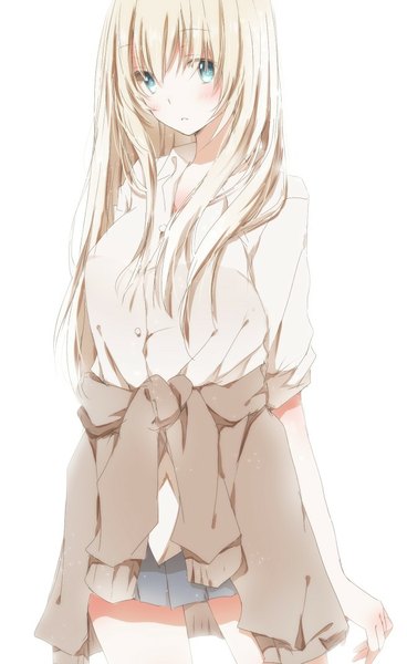 Anime picture 656x1068 with original hiro (hirohiro31) single long hair tall image looking at viewer blush fringe breasts blue eyes blonde hair simple background standing white background pleated skirt outstretched arm open collar twisty sleeves clothes around waist girl