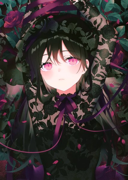 Anime picture 2111x2964 with original achiki single long hair tall image looking at viewer blush fringe highres black hair hair between eyes upper body pink eyes scan arms up floral print girl flower (flowers) ribbon (ribbons) plant (plants)