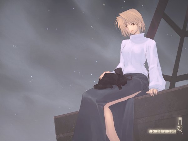 Anime picture 1280x960 with shingetsutan tsukihime type-moon arcueid brunestud len (tsukihime) len (cat) aikura chihiro single short hair blonde hair red eyes sitting arm support character names looking down side slit girl skirt animal cat turtleneck