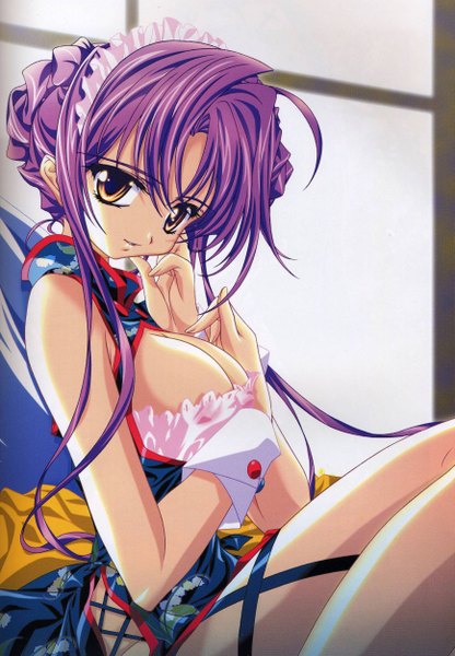 Anime picture 1734x2500 with maids in dream suzuran (maids in dream) sugiyama genshou single long hair tall image looking at viewer highres breasts light erotic sitting yellow eyes cleavage purple hair light smile sleeveless chinese clothes girl wrist cuffs bonnet
