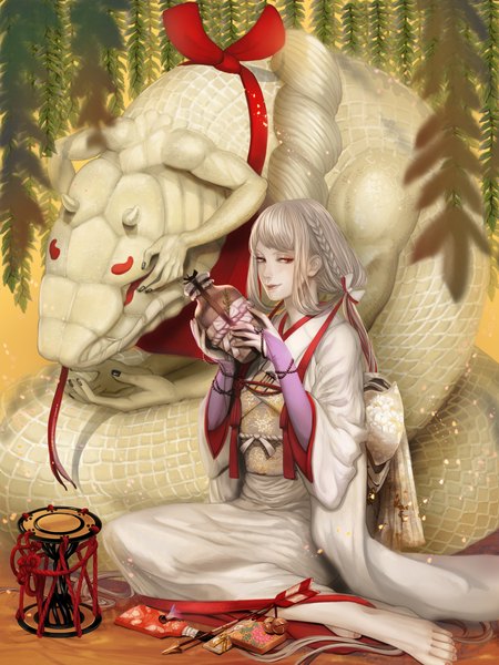 Anime picture 1500x2000 with original jugo (artist) long hair tall image smile red eyes sitting white hair nail polish japanese clothes barefoot new year 2013 girl ribbon (ribbons) plant (plants) belt kimono bell arrow (arrows)
